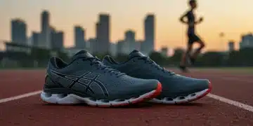 Zapatillas de running de alto rendimiento sobre una pista, con detalles de amortiguación y soporte.