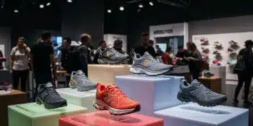 Los mejores zapatos para caminar en 2025: Comodidad y soporte Exposición de los mejores zapatos para caminar de 2025, destacando diseños ergonómicos y colores vibrantes en una tienda moderna.