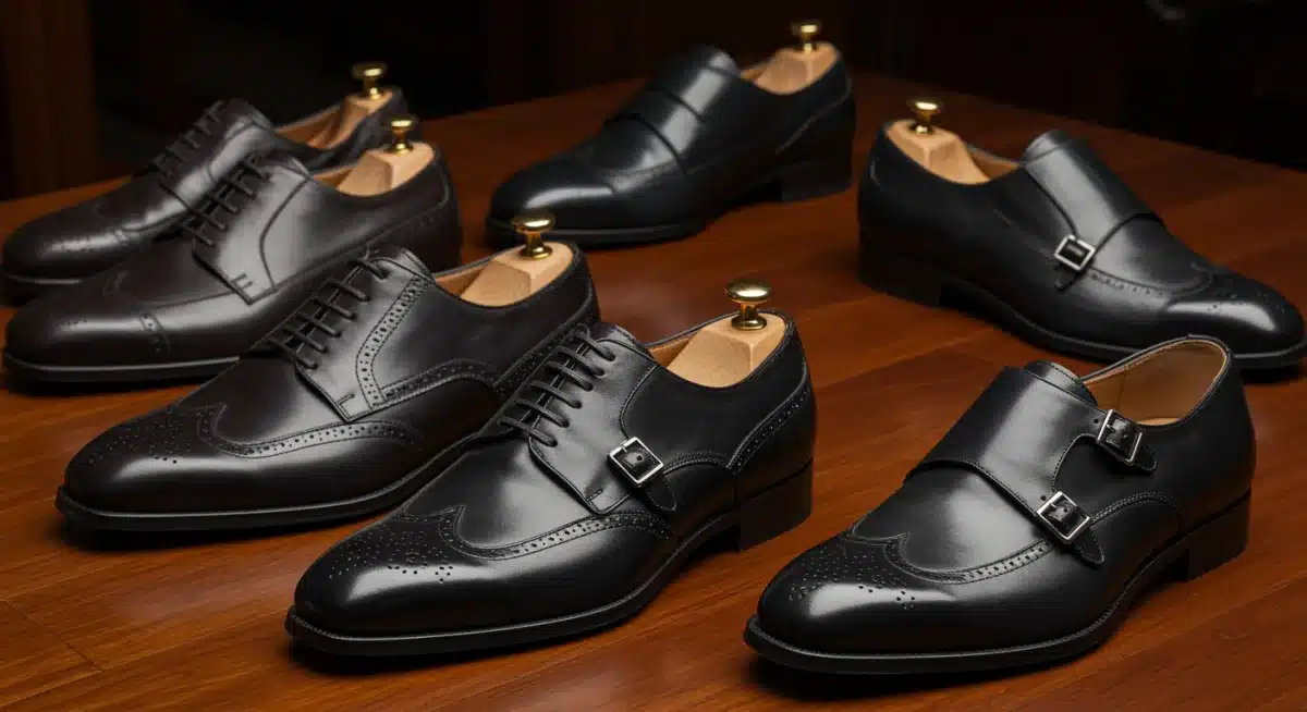 Colección de zapatos de vestir para hombre, como oxfords y mocasines, ideales para eventos formales y fiestas.