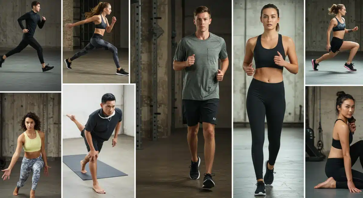 Grupo diverso de personas practicando deporte con ropa deportiva funcional y a la moda, ilustrando el athleisure de las tendencias moda deportiva 2026.