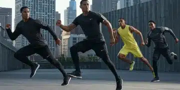 Modelos vistiendo ropa deportiva futurista, destacando las tendencias de moda deportiva 2026 en Estados Unidos.