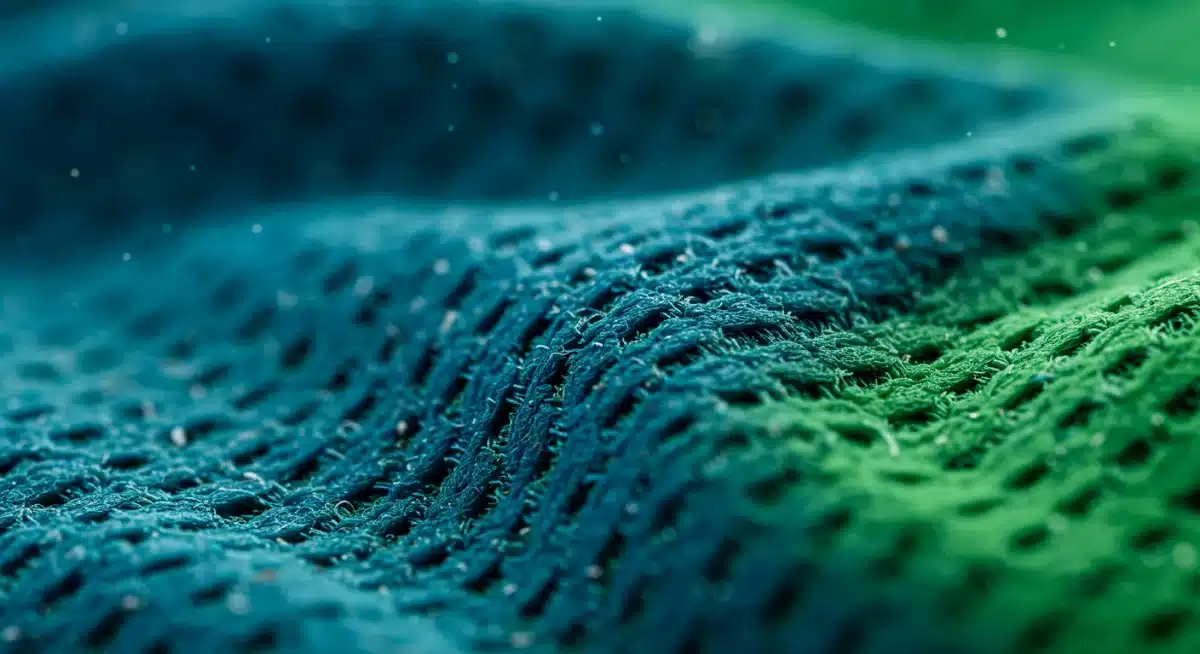 Primer plano de tejido de ropa deportiva con tecnología avanzada y sostenible, clave en las tendencias moda deportiva 2026.