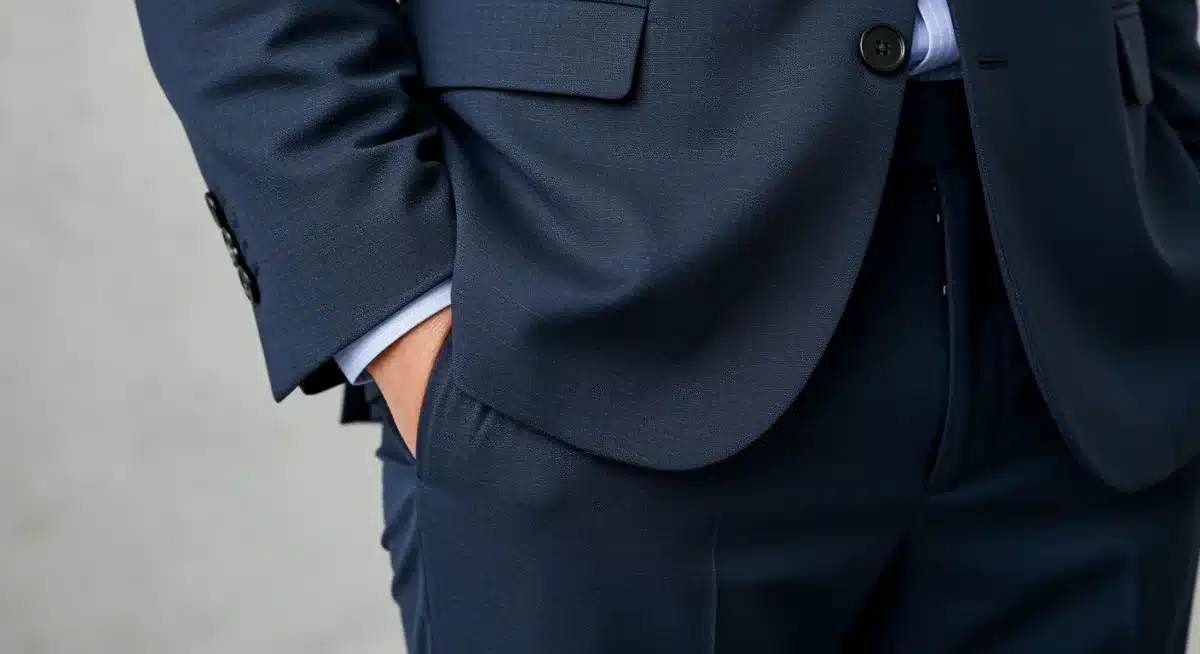 Detalle de blazer elástico y pantalón cómodo, reflejando ropa de trabajo flexible.