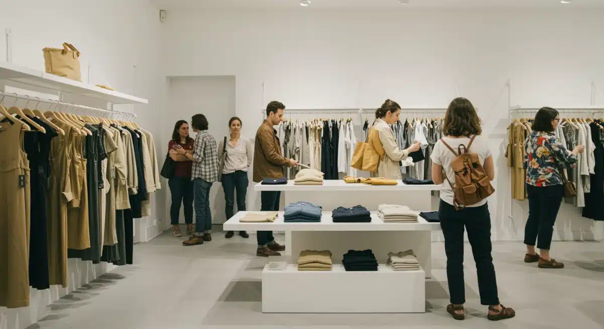 Consumidores eligiendo ropa sostenible en una tienda moderna, reflejando la tendencia de compra consciente.