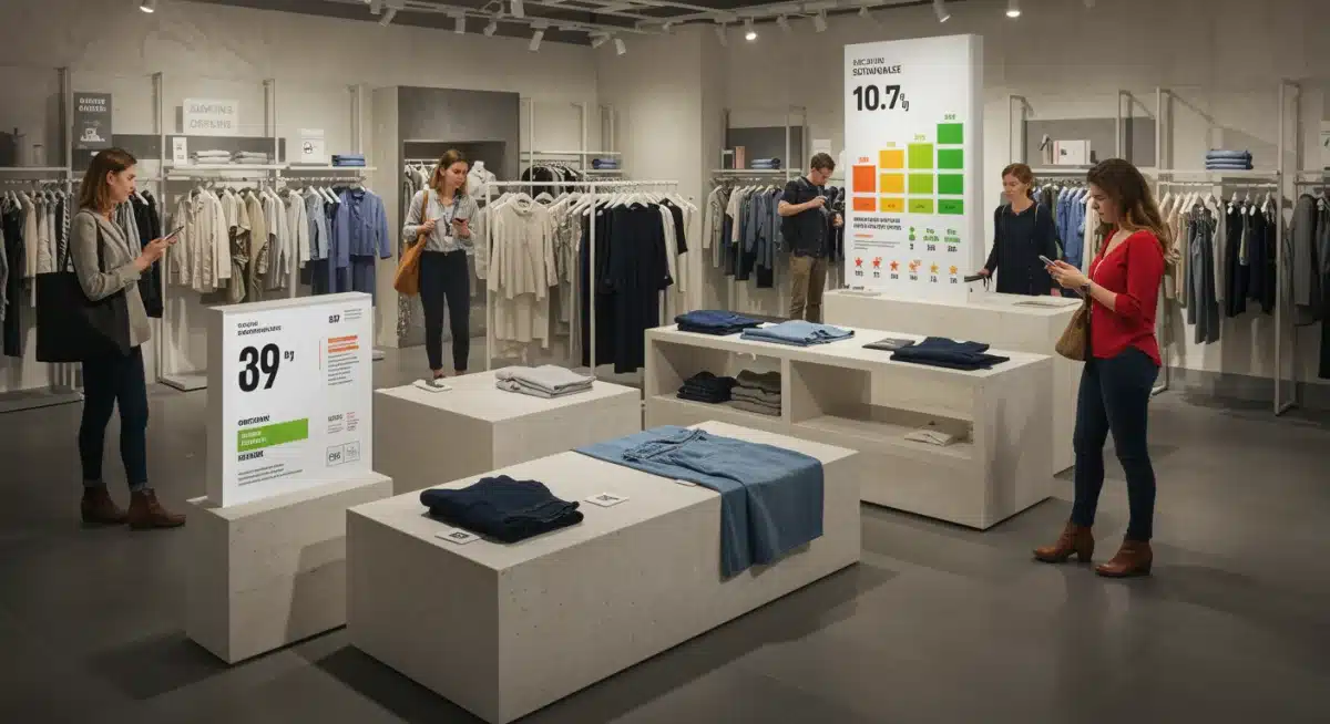 Consumidores examinando etiquetas de sostenibilidad y origen en una tienda de ropa, reflejando el consumo consciente.