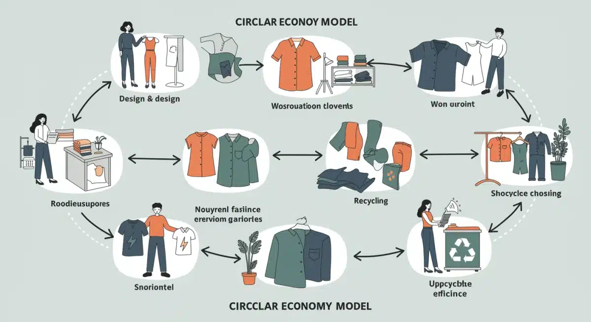 Ilustración de un modelo de economía circular en la moda, representando el reciclaje y la reutilización de prendas.