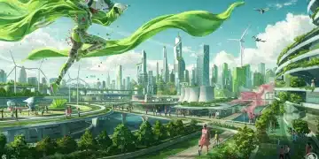 Paisaje urbano futurista con elementos de moda sostenible, simbolizando la evolución del fast fashion en 2026.