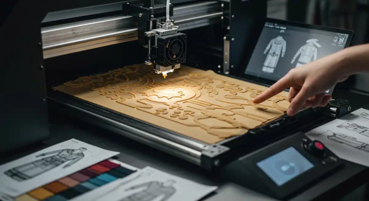 Impresora 3D creando un patrón textil personalizado, simbolizando la fabricación avanzada de ropa.