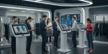 Consumidores interactuando con pantallas táctiles para personalizar su ropa en una tienda futurista.