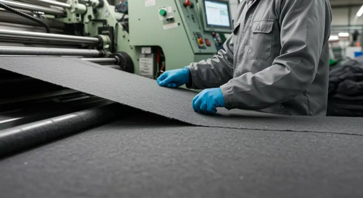 Proceso de fabricación de ropa sostenible, con trabajador inspeccionando tejido reciclado en fábrica moderna.