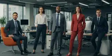 Profesionales diversos en oficina moderna con ropa de trabajo flexible para 2026.