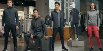 Personas diversas usando ropa inteligente con sensores y tecnología de monitoreo en una tienda moderna en Estados Unidos.