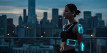 Mujer futurista con ropa inteligente, mostrando tecnología vestible integrada en el diseño de moda.
