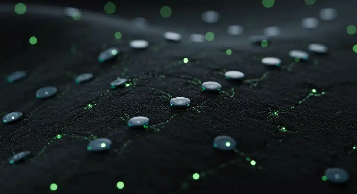 Tejido inteligente con sensores integrados, mostrando la fusión de tecnología y materiales textiles.