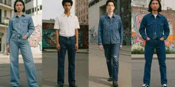 Modelos luciendo las últimas tendencias de denim en 2026, con lavados y cortes innovadores en un entorno urbano.