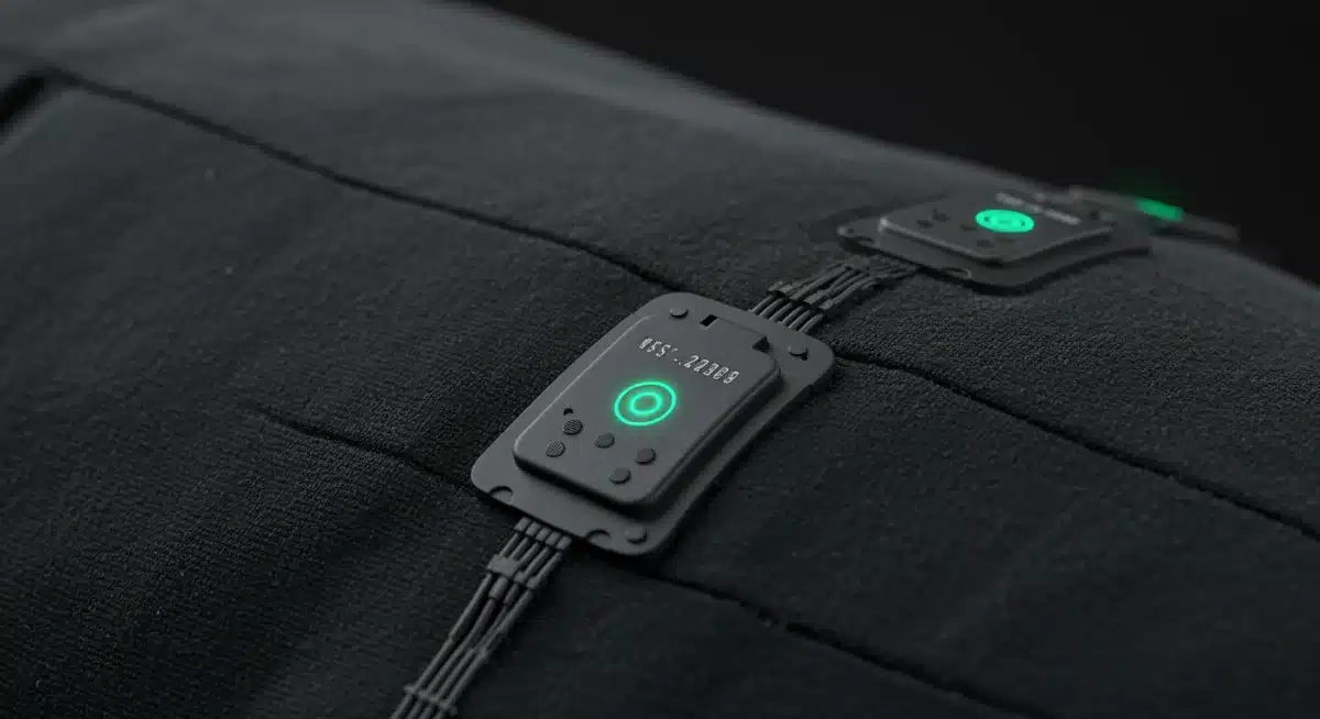 Primer plano de tela inteligente con microsensores integrados, mostrando la fusión de tecnología y textil.