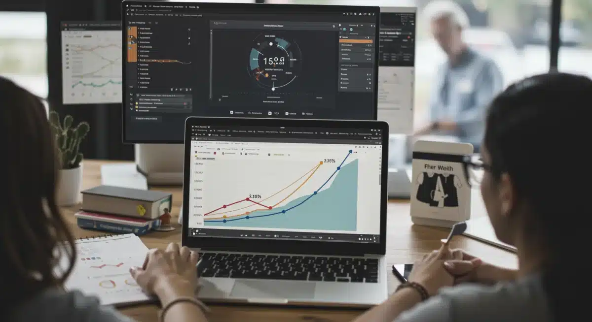 Gráfico de análisis de datos que muestra el crecimiento del 15% en ventas de ropa impulsadas por redes sociales, con flechas ascendentes y estadísticas clave.