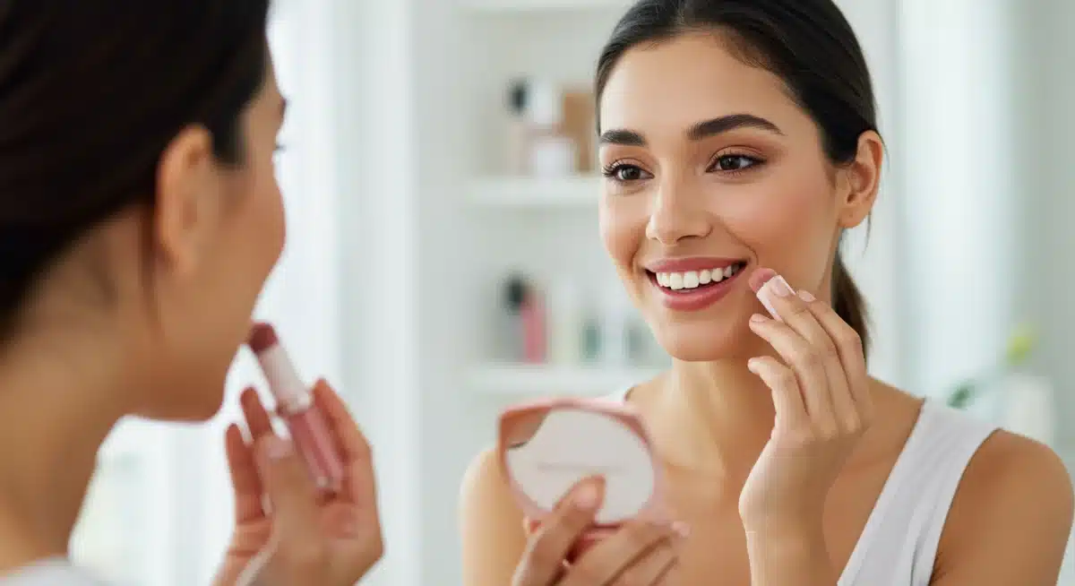 Mujer aplicando un producto multifuncional de belleza en labios y mejillas.
