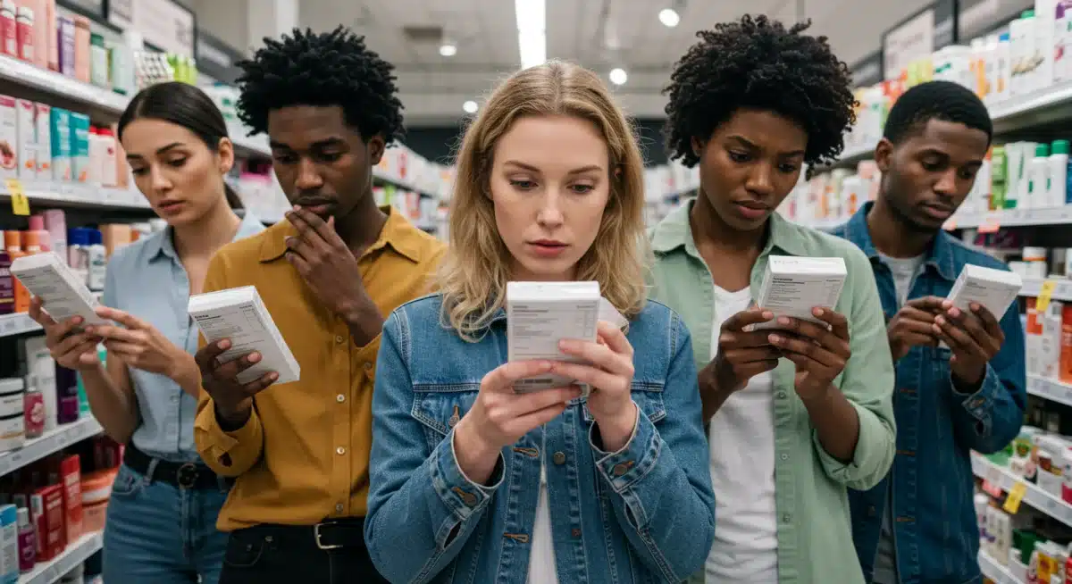 Personas leyendo etiquetas de productos de belleza con preocupación en una tienda.