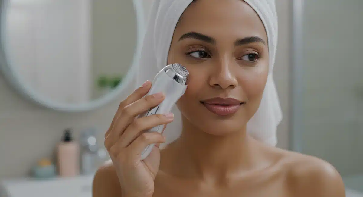 Mujer utilizando un dispositivo de cuidado facial innovador en casa, ahorrando en tratamientos profesionales.