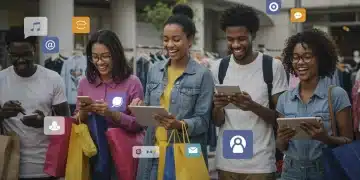 Mujeres y hombres de diversas edades interactuando con redes sociales para comprar ropa en línea, con gráficos de crecimiento y tendencias de moda de fondo.