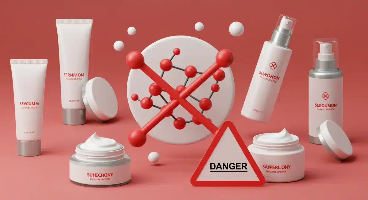 Ilustración de ingrediente químico tachado en envases de cosméticos.