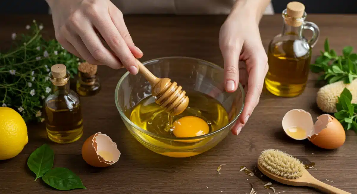 Manos mezclando ingredientes naturales para una mascarilla capilar casera.