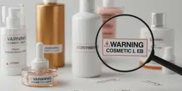 Mujer examinando etiquetas de cosméticos con lupa, resaltando ingredientes tóxicos.