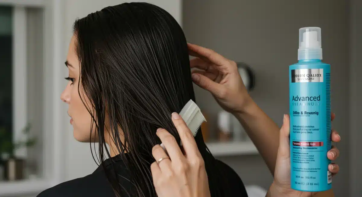 Persona aplicando tratamiento capilar profesional en casa, reduciendo gastos de salón.