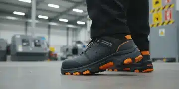 Trabajador usando calzado de seguridad certificado en un entorno industrial moderno, con etiquetas de certificación visibles en el calzado.