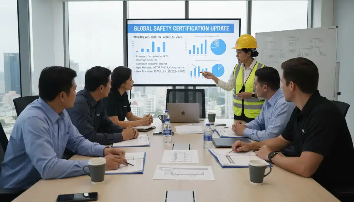 Profesionales de seguridad industrial discutiendo los nuevos requisitos de certificación para calzado de seguridad en una reunión.