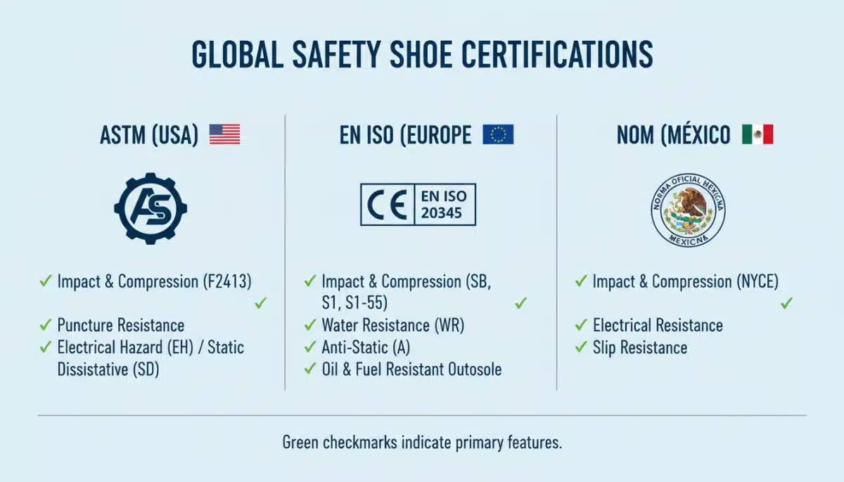 Infografía detallada de las tres certificaciones principales de calzado de seguridad con sus logos y características clave.