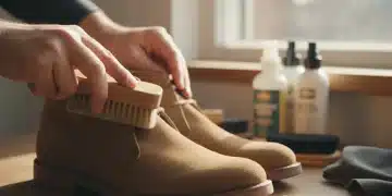 Persona limpiando un zapato de gamuza con cepillo especializado para mantenimiento avanzado de calzado de gamuza