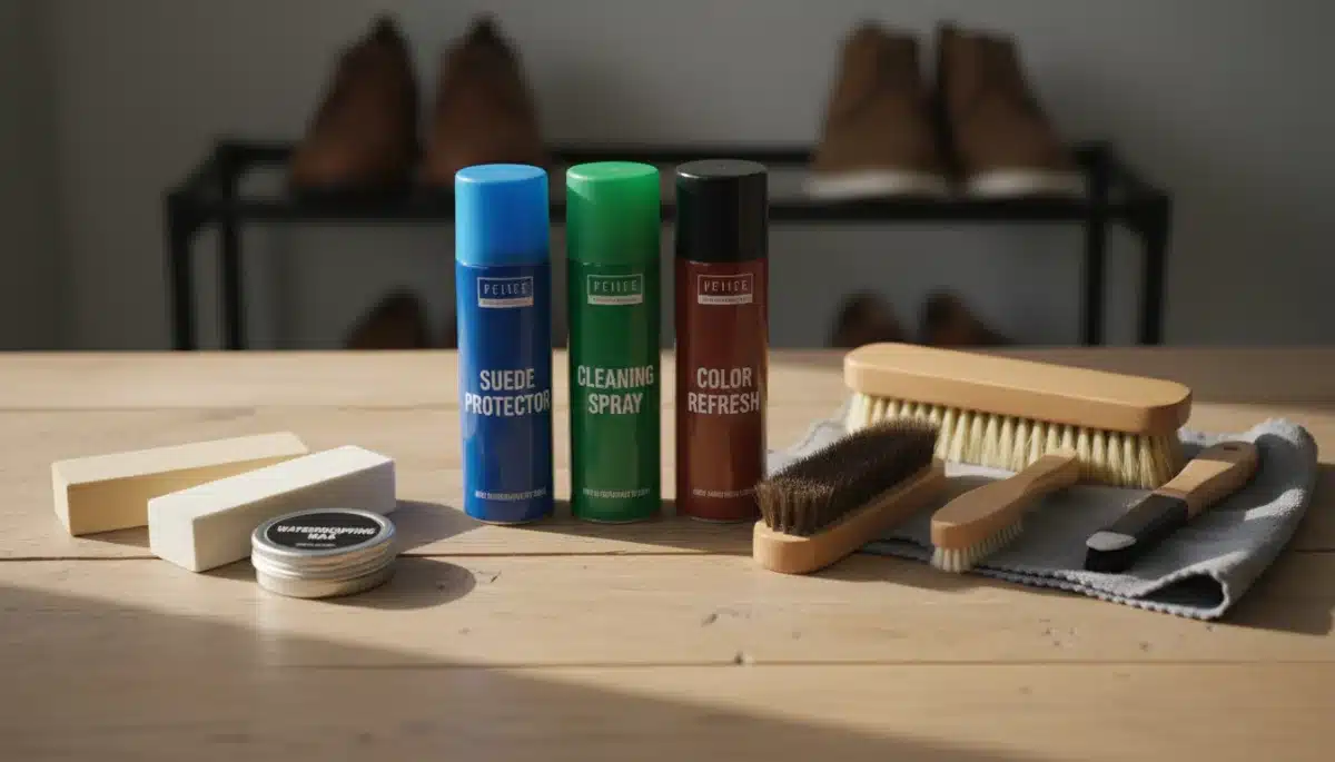 Productos esenciales para el mantenimiento de calzado de gamuza, incluyendo sprays y cepillos