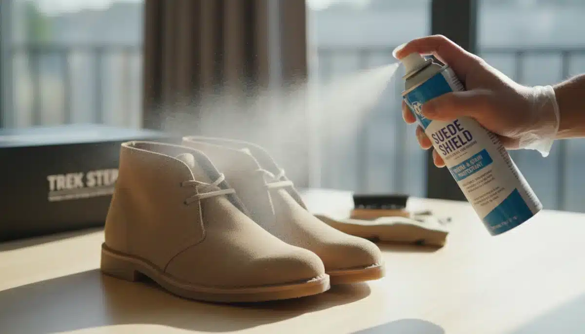 Aplicación de spray protector en botas de gamuza para prevenir daños y manchas